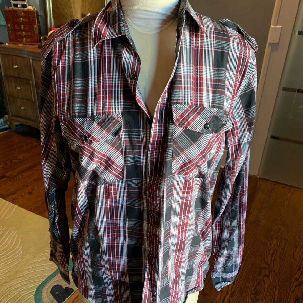 Black, white, red plaid button down shirt
